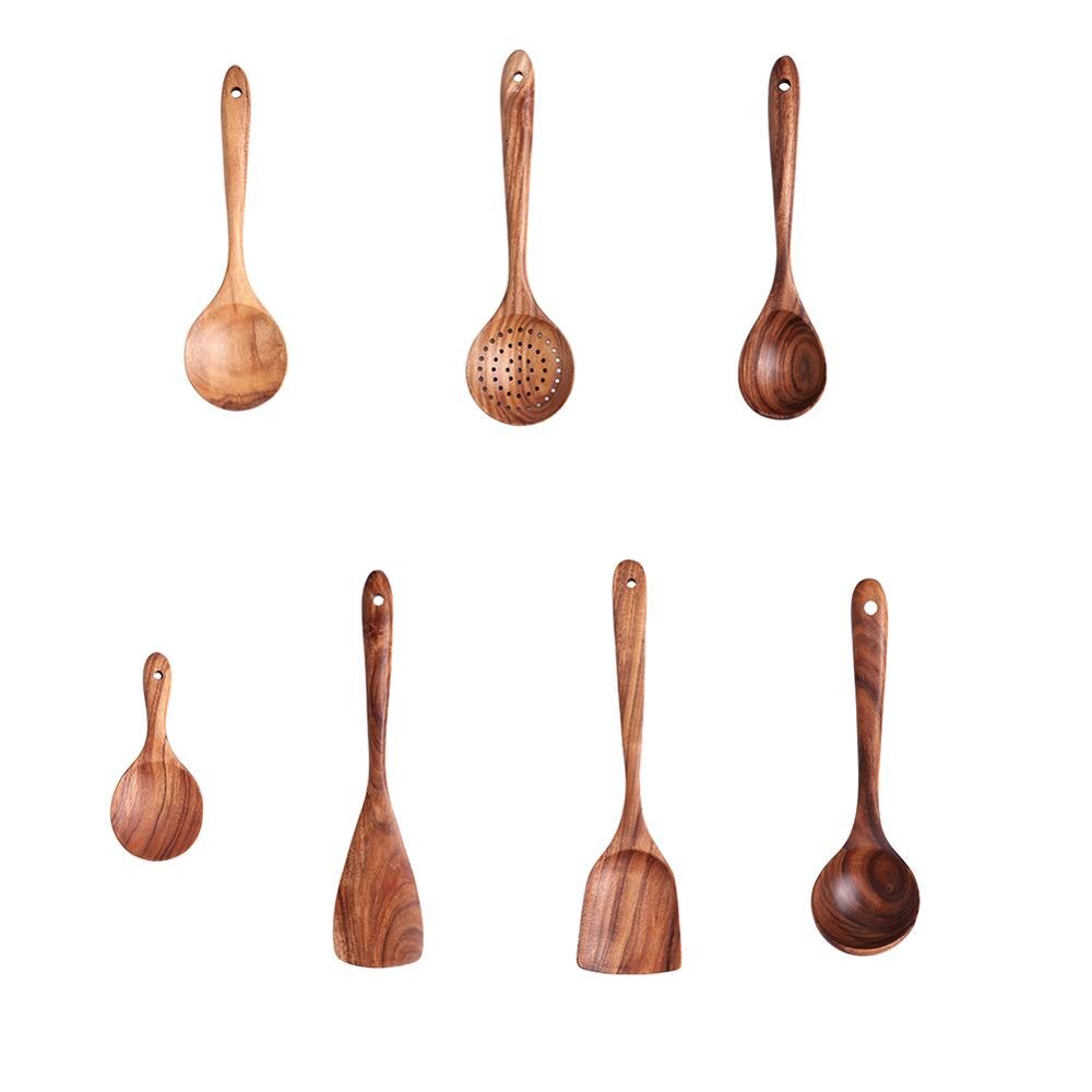 Wooden Tableware Spoon Filter Soup Skimmer Cooking Spoon Scoop Kitchen Tool Set: 7 piece set