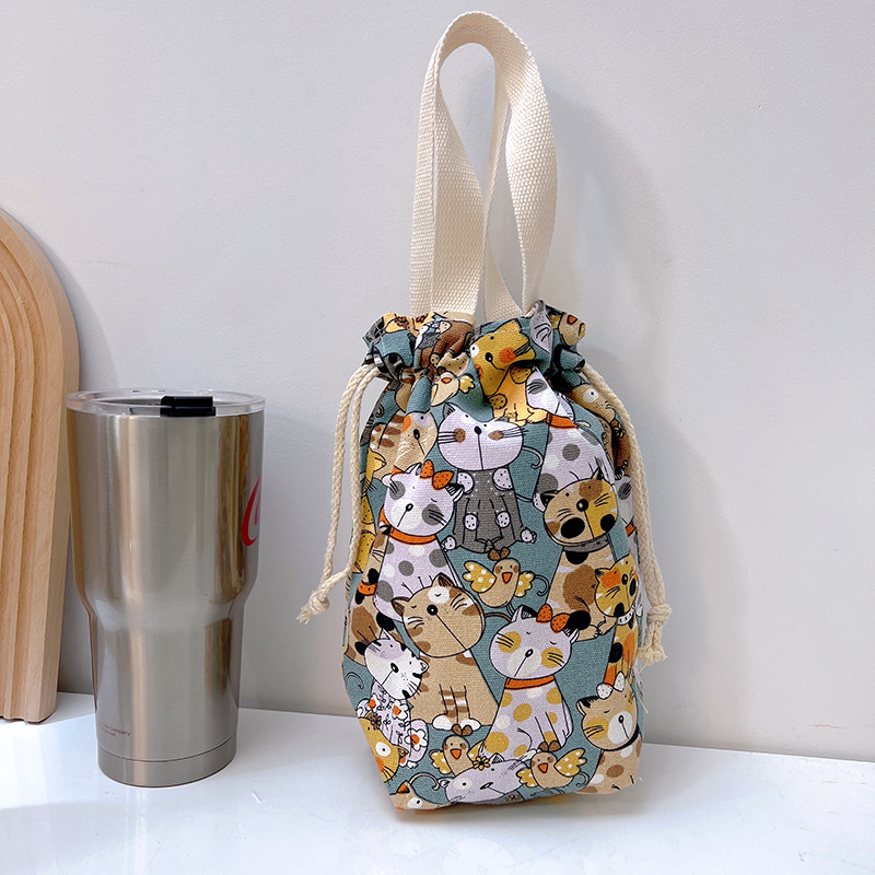 Draagbare Canvas Isolator Hoes Tas Thermoszak Cartoon Foto 'S Sluiting Trekkoord Opbergtas Vacuüm Cup Set: Dark Gray