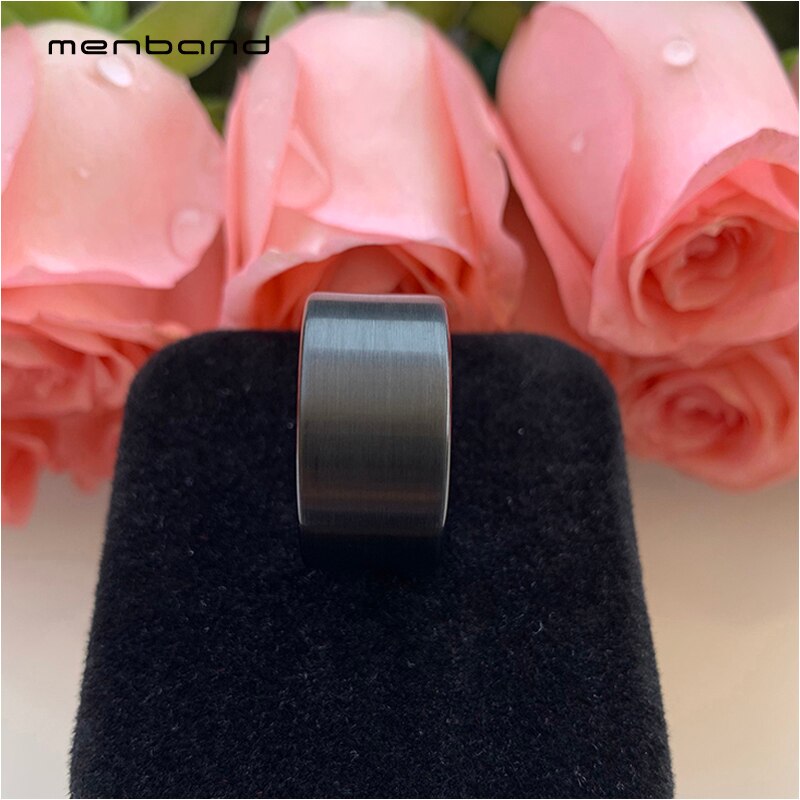 Large Men Ring Black Tungsten Wedding Ring Flat Band And Brushed Finish 12MM Ring Box Available