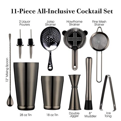 Cocktail Shaker Bar Set: 2 Weighted Boston Shakers,Cocktail Strainer Set,Jigger,Muddler and Spoon, Ice Tong and 2 Bottle Pourer: Black Sets