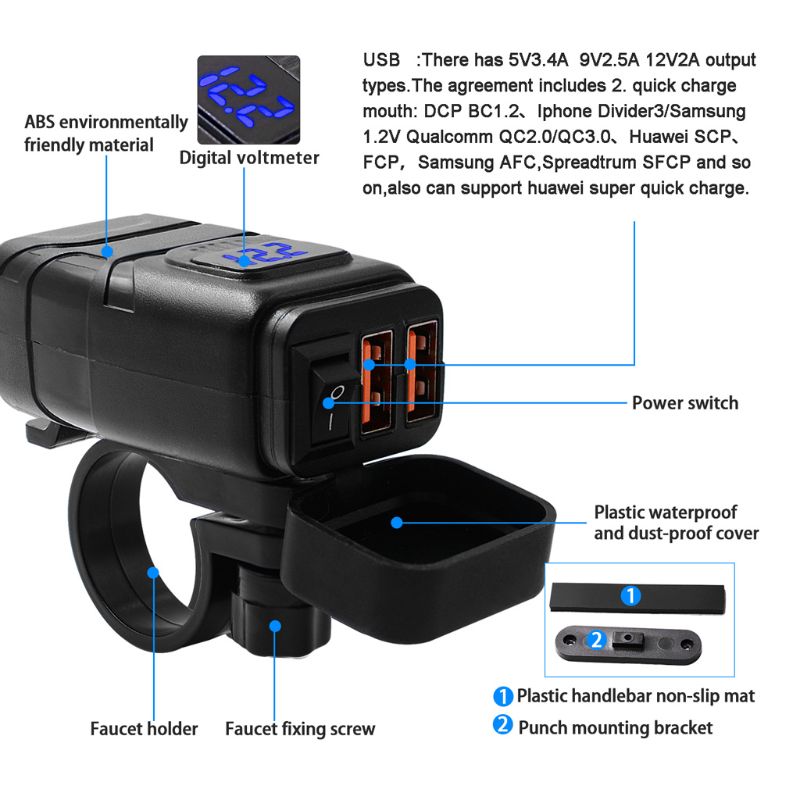 Adaptador SAE a USB de 12V con voltímetro, interruptor de encendido y apagado, desconexión de enchufe rápida para motocicleta, resistente al agua, USB QC3.0 Dual