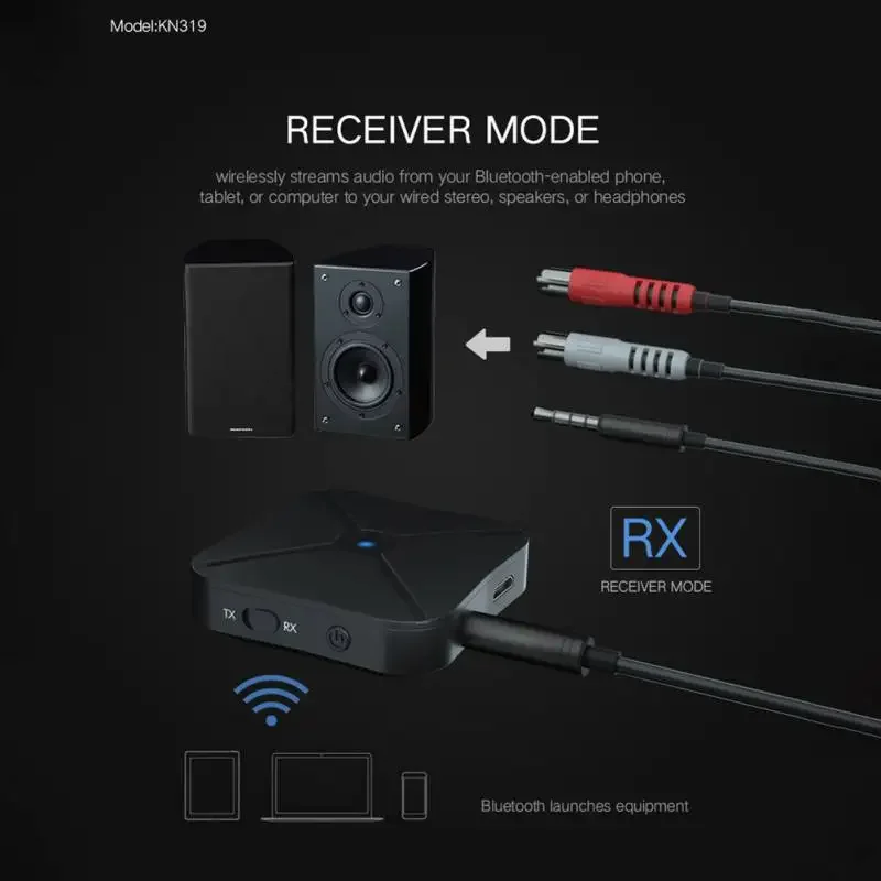 KN319 receptor transmisor Bluetooth 2 en 1 convertidor receptor de Audio estéreo adaptador inalámbrico con RCA 3,5 MM AUX para coche TV PC