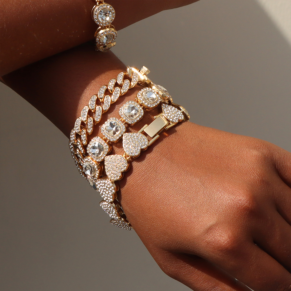 Cadena de tenis con corazón de cristal helado, pulsera de cadena de eslabones cubanos de Miami para mujeres y hombres, pulseras de cadenas gruesas de hip hop, joyería