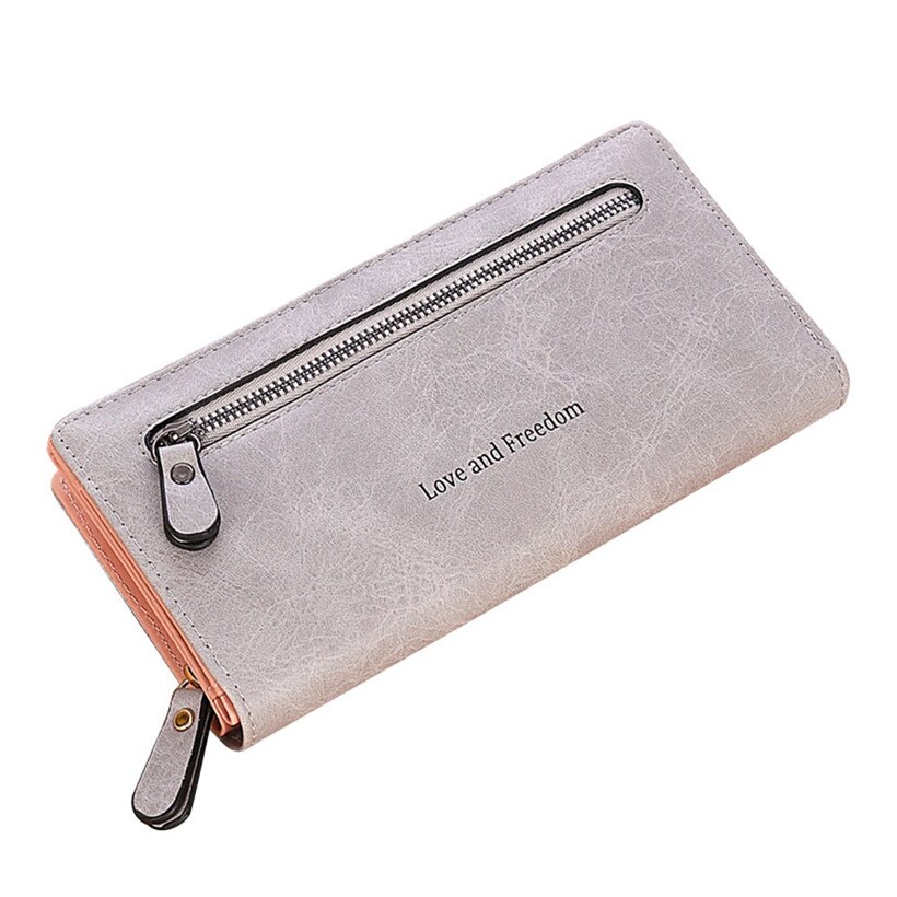Women Solid Color Coin Purse Love And Freedom Printing Wallet Long Wallet Card Holders Handbag Zipper Leather Wallet For Women: Gray