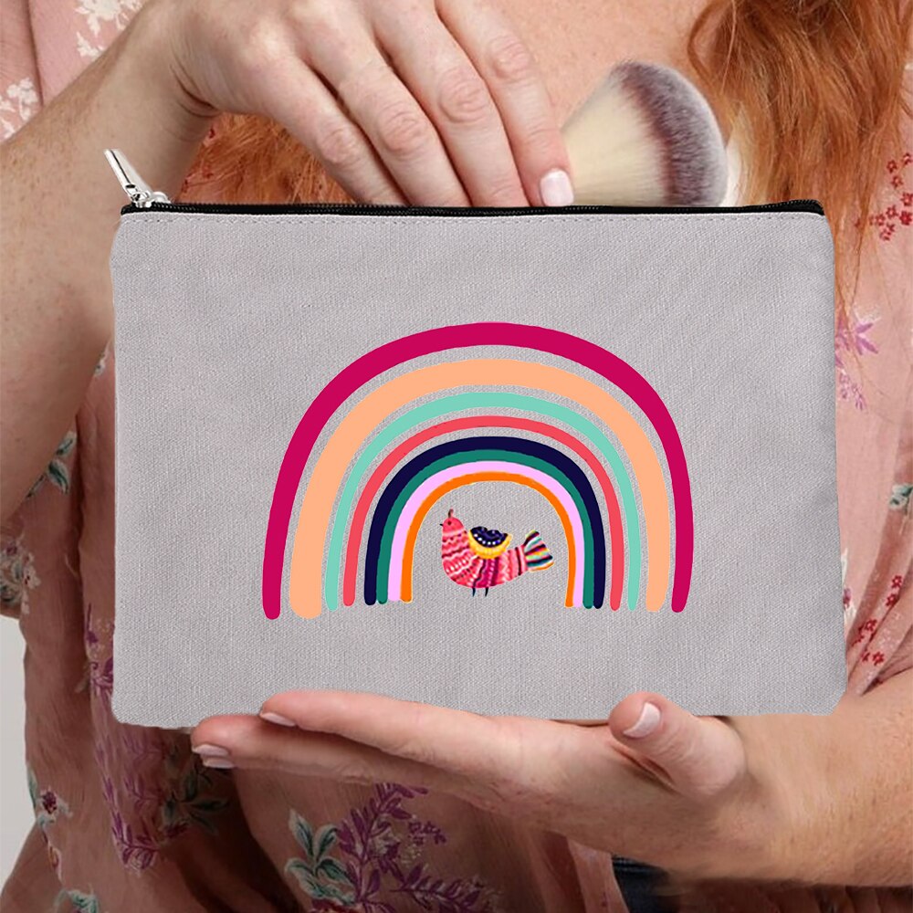 Rainbow kobiety płótno szare kosmetyczki torby moda Zipper torebeczka na kosmetyki podróż torebka na imprezę Organizer biżuterii kobiece prezenty: W9133-TBGY-D