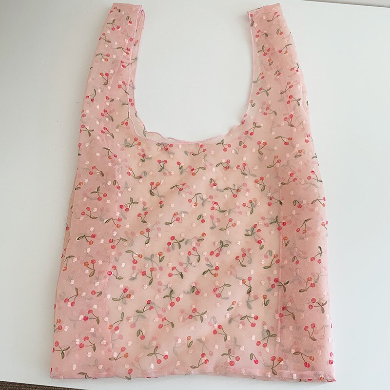 Women Small Transparent Tote Mesh Cloth Bag Embroidery Handbag Cute Flower Tulle Fruit Bag Purse Shopping Bag: flesh pink cherry