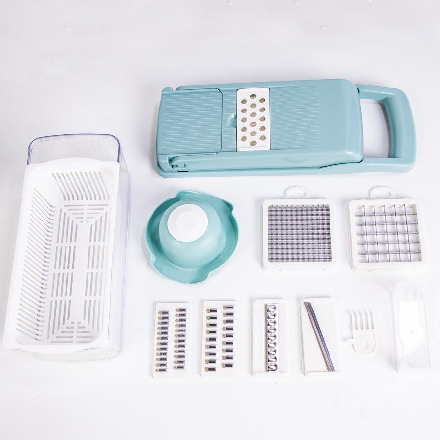 Picadora de verduras con contenedor, rebanador de alimentos, cebollas, patatas y ensaladas, utensilios de cocina, accesorios, artículos para el hogar: Blue CP02
