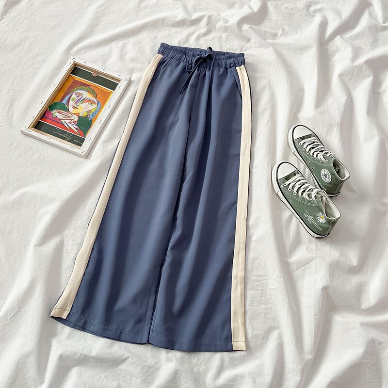 Sleep Bottoms Women Pajama Pants Patchwork Paneled Baggy Cozy Elasticity Ins Sleepwear Wide Leg Trousers Harajuku Comfortable: blue / S