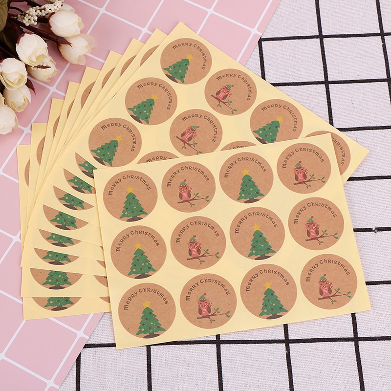 120 stuks = 10 vellen handgemaakte vrolijke kerstboom uil taart verpakking sluitlabel kraft sticker bak diy stickers