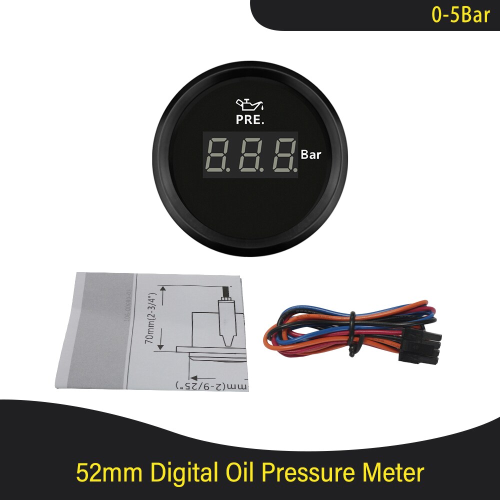 Universal vandtæt 52mm olietryksmåler 0-5 bar 0-75 psi /0-10 bar 0-145 psi med rød baggrundsbelysning 9-32v til bil lastbil båd: Digital 0-5 bar mia