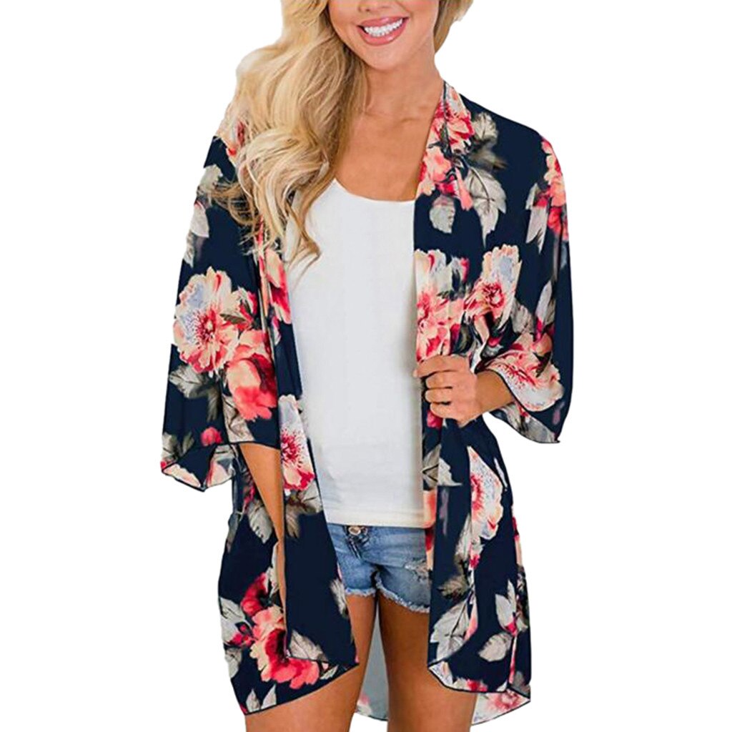 Dam chiffong lös sjal ledig sommar strand blommig kofta kappa chiffong kimono blus solskydd täck ups våren: Marin / Xl