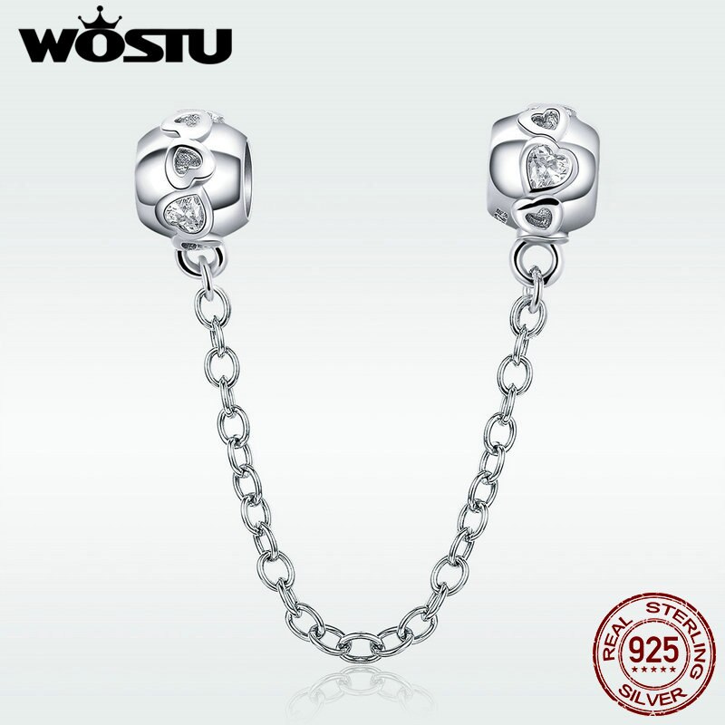 WOSTU 100% 925 Sterling Silver De-lovely Heart Safety Chain Charm fit Beads Bracelet Necklace DIY Jewelry Making CQC736