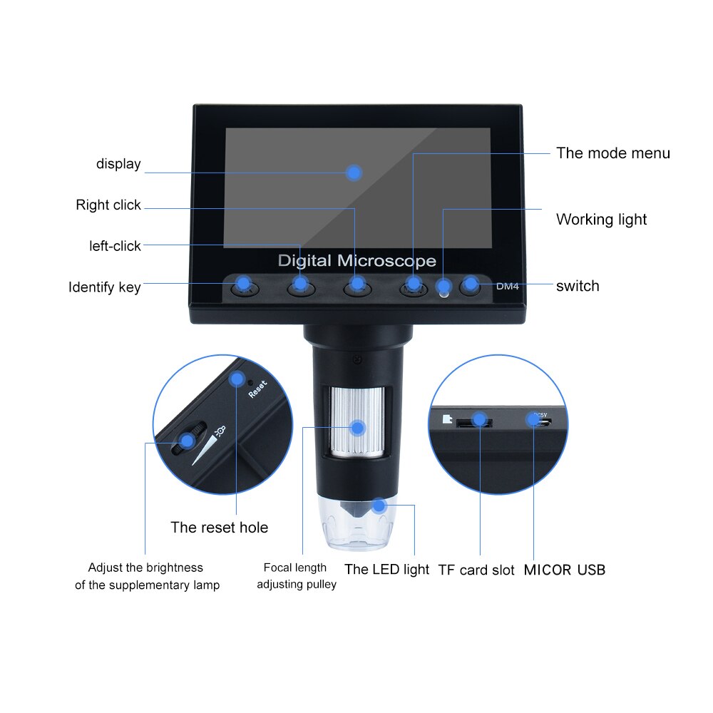 Digital Microscope - 4.3 Inch LCD - 500-1000X Magnification - USB - TF Card Slot - Biological