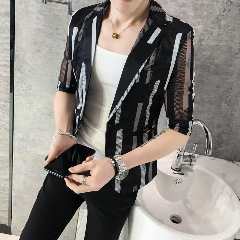 Men Blazer Thin Summer Print Hollow Suit Jacket Single Button Half Sleeve Male Nightclub Slim Fit Party Blazers: black striped / L