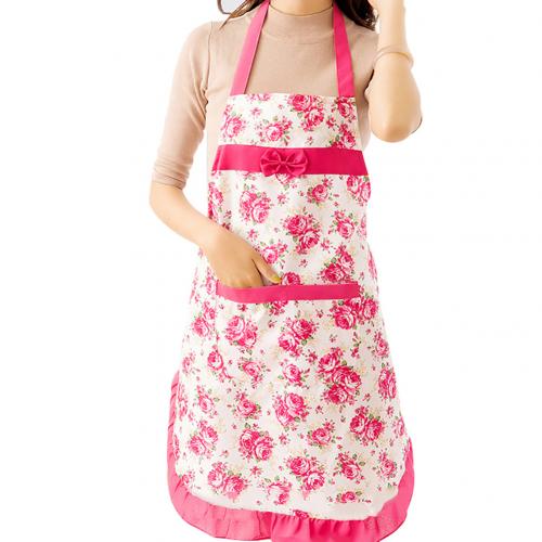 Delantal con lazo Floral para mujer, impermeable, para Cocina, Restaurante, vestido de bolsillo: Rojo rosado