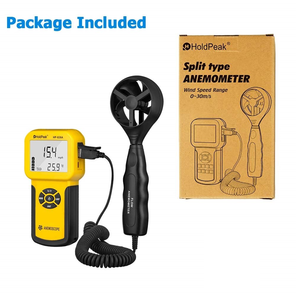 Anemómetro Digital HoldPeak HP-826A, Sensor de velocidad del viento, 0,3 ~ 30 m/s, instrumento de medida de volumen de aire, probador de mano