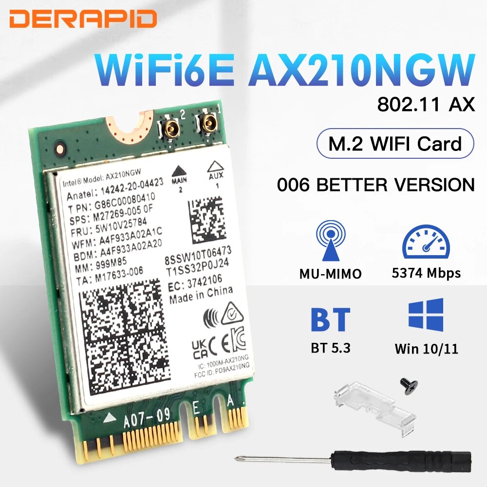 WiFi 6E AX210NGW NGFF Wireeless Adapter Bluetooth 5.3 WiFi6 5374Mbps 2.4G/5G/6GHz 802.11AX For Desktop/Laptop For Win10/11: Default Title