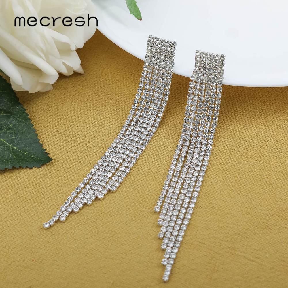 Mecresh Kristall Frauen Tropfen Ohrring Silber Farbe Braut Lange Quaste Ohrring Ohne durchbohren Clip Auf Hochzeit Party Ohrringe äh424