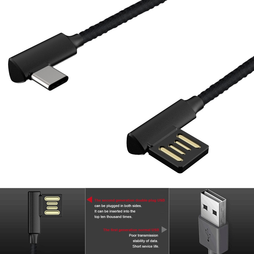 90 Degree Right Angle Micro USB 2.0 USB 3.1 Type-C Charge Cable L-shape Braided Data Sync Charge Mobile Phone Wire Cable