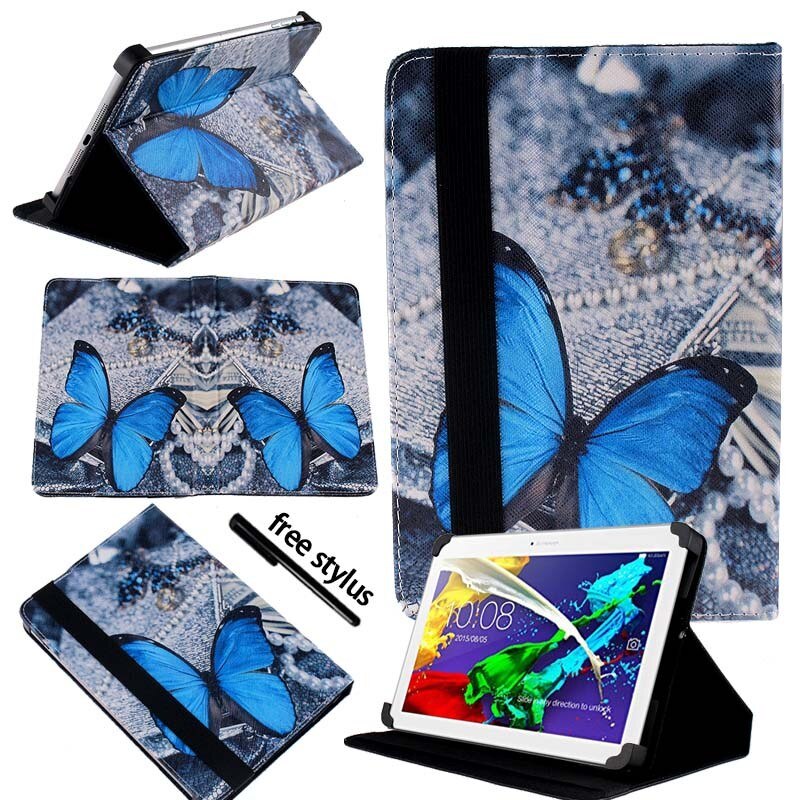 KK&LL For Lenovo Tab 2 A10-70 10.1 Inch - Leather Tablet Stand Folio Cover Case + Free stylus: Blue Butterfly