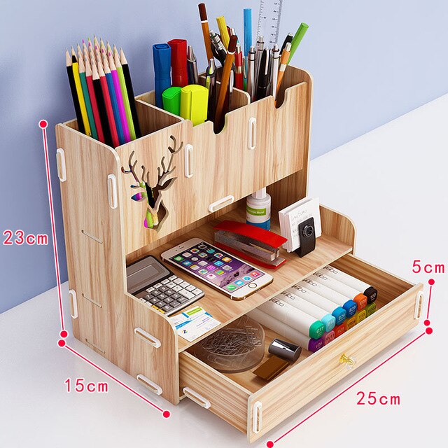 Pen pencil holder Receiving Box Desktop Learning Penholder Office desk organizer storage rack supplies wood: T7 Wood color