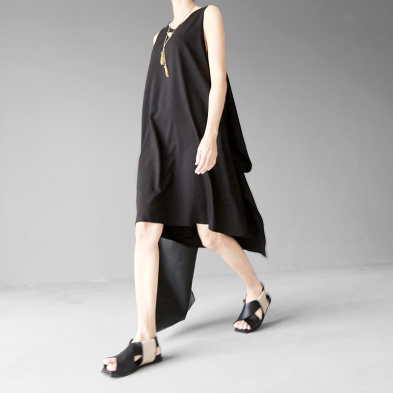 VGH vestido negro Casual para mujeres O cuello sin mangas dobladillo Irregular holgado Midi Vestidos Mujer de tendencia ropa verano