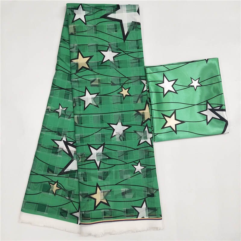 Fashionable African Wax Printed Organza Ribbon fabric 4 yards match 2 yards silk fabric !: Green