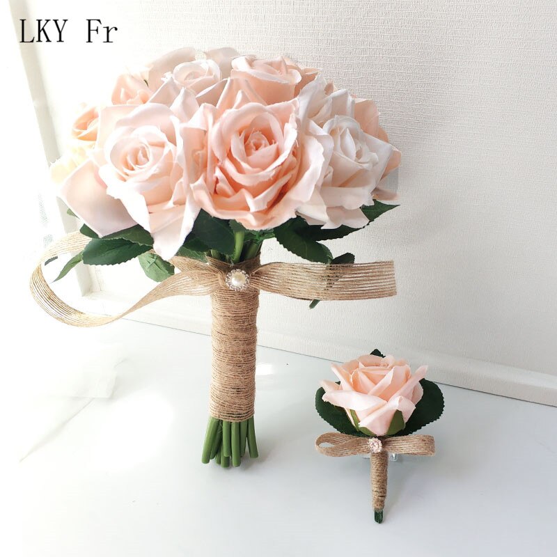 Lky fr bryllupsblomster brudebukett silke roser hvitrosa corsage bryllupsbuketter til brudepiker bryllupstilbehør: Champagnebukett