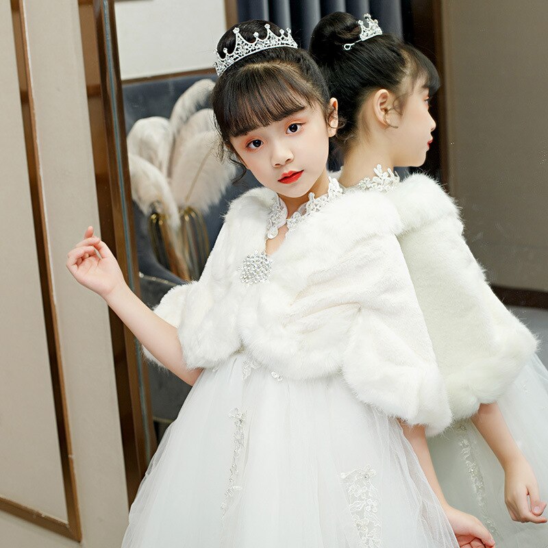 Kids Prinses Dikker Pluche Wraps Sjaal Bloem Meisjes Ivoor Wit Bolero Bolero Cape Wedding Verjaardagsfeestje Diamanten Broche Jas