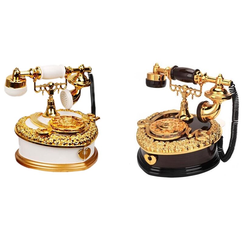 Retro Hart Shaped Telefoon Model Muziekdoos Thuis Ornament Decoratie Antieke Gesneden Houten Hand Crank Music Box