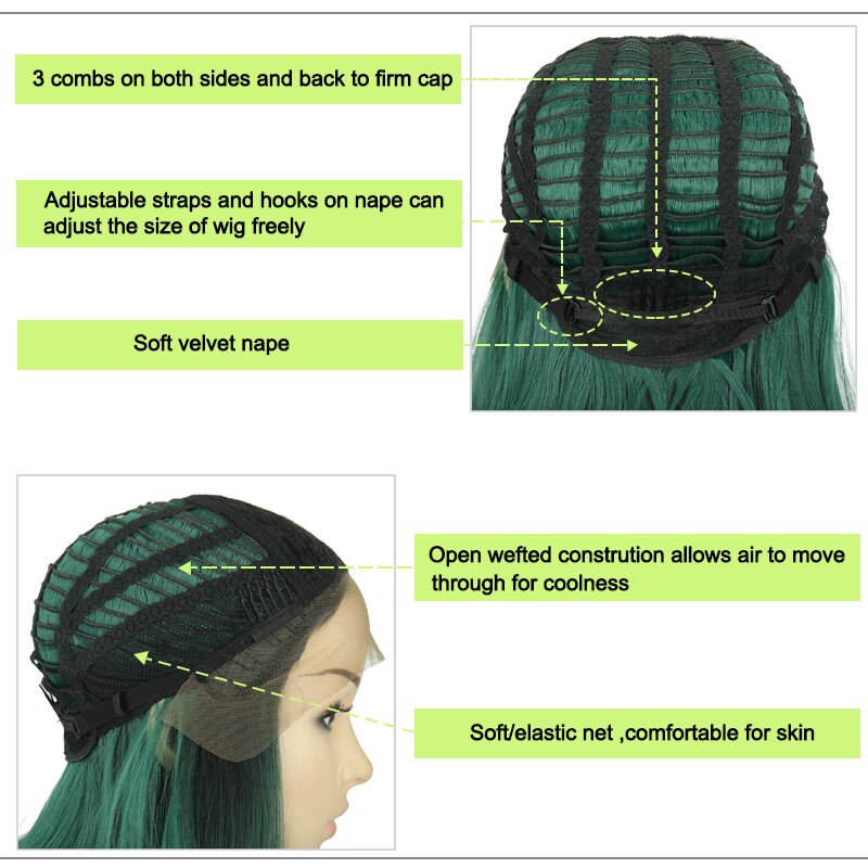 Di Fei Cosplay Synthetische Lace Front Pruik Korte Bob Rechte Met Staart Krullen 13 "Dark Green Pruik Voor Zwarte vrouwen Cosplay Pruik