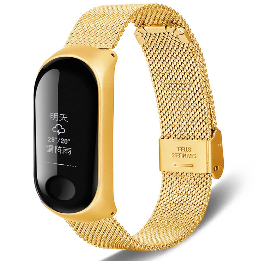Correa de metal para Xiaomi Mi band 3/4/5, correa de acero inoxidable con tres cuentas, hebilla para pulsera,: Gold / Mi 3 4 strap