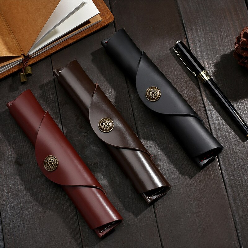 Leren Pennen Etui - Handgemaakt Drukknop - School Kantoor Retro