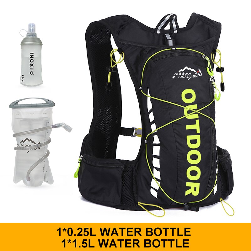 Cycling backpack for men and women, nylon bag, waterproof 8 liters, hiking and camping, 250ml water bottle with 1.5L water bag: black green1.5L250