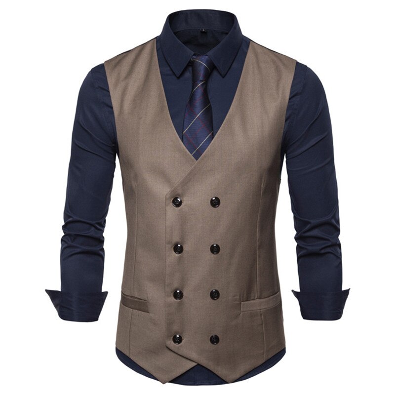Män dubbelknäppt väst vår män klänning kostym väst höst män formell grå väst kostym gilet väst slim business jacka toppar homme: Brun / Xxl