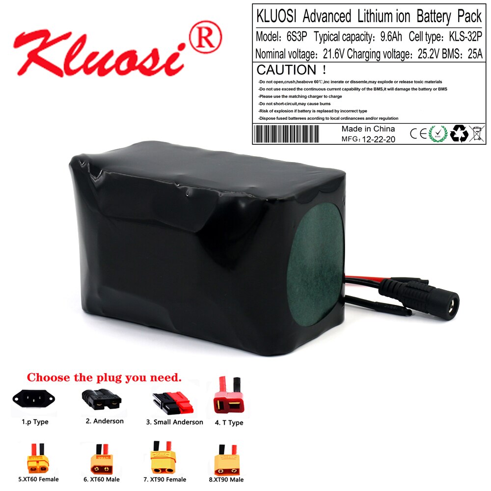 KLUOSI – batterie Lithium 6S3P 24V 9.6Ah 21.6V 10ah 25.2V, pour vélo électrique, Scooter, fauteuil roulant, avec BMS 25a