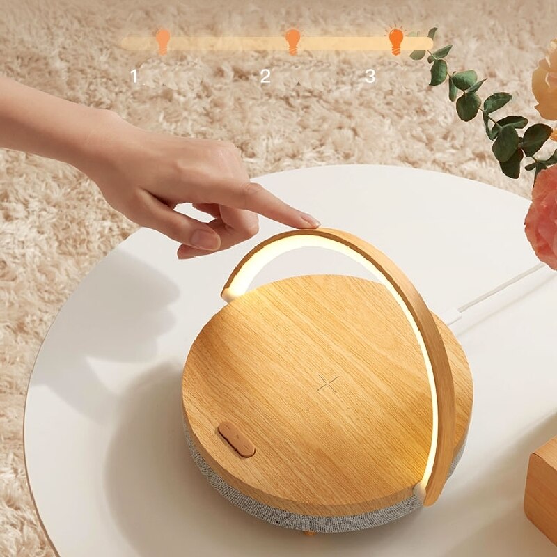 Cargador inalámbrico con Altavoz Bluetooth para IPhone 13, lámpara de mesa de madera de alta potencia, soporte para teléfono móvil, lámpara de carga inalámbrica, altavoz