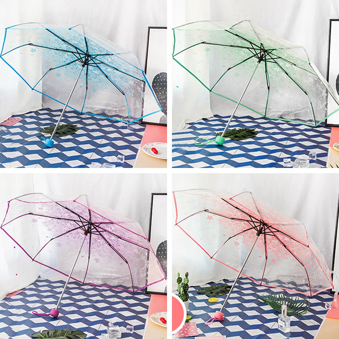 Three Fold Transparent Cherry Umbrella Rain Women Kids Sun Rain Paraguas Compact Folding Windproof Style Clear Umbrella