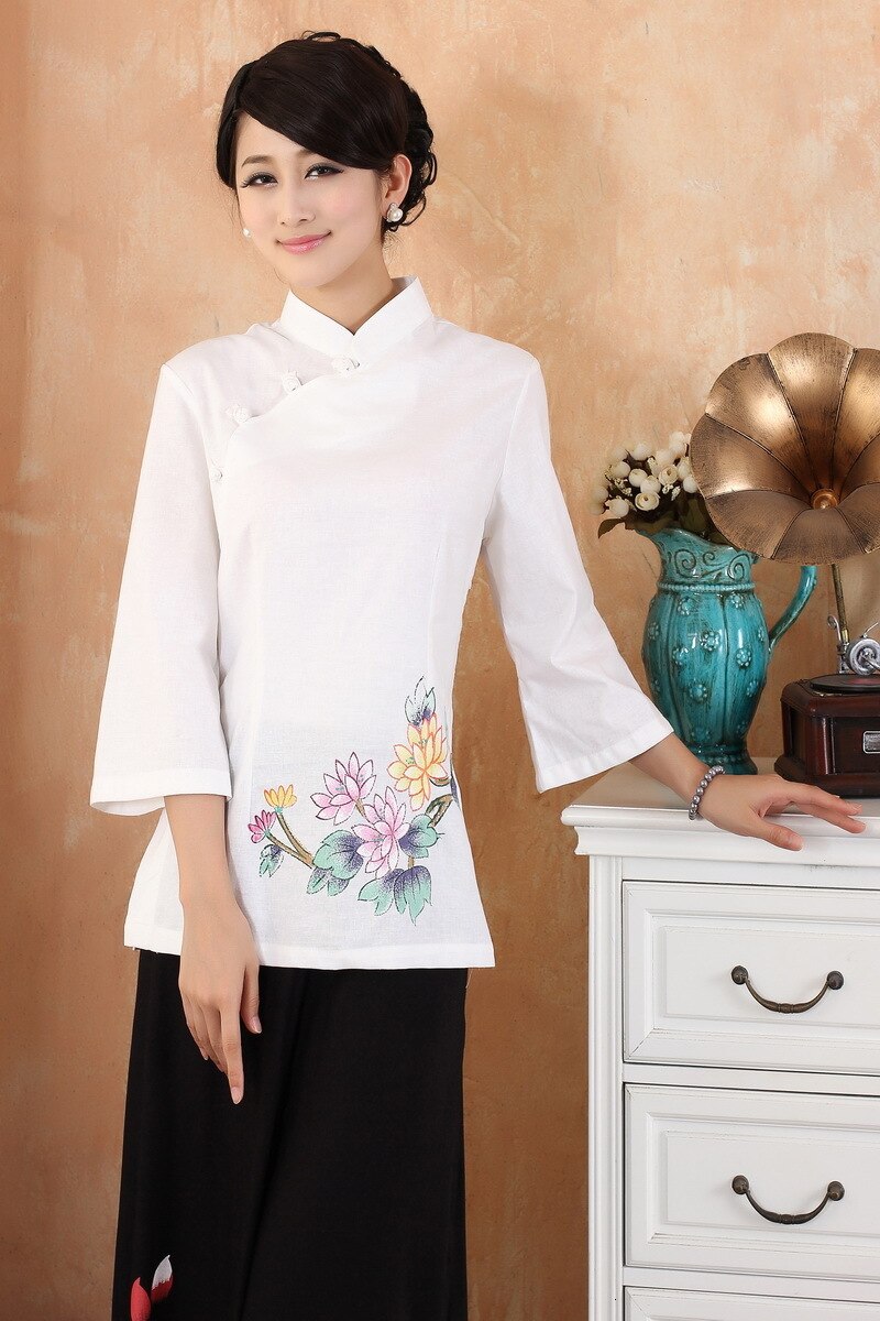 Nueva camisa de lino de algodón Casual a la para mujer, blusa Cheongsam china, blusas Qipao para mujer, camisa con cuello levantado con estampado de flores