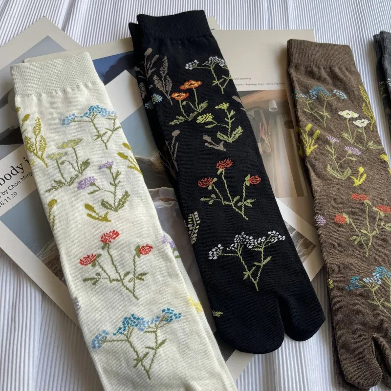 Calcetines elegantes Retro de algodón peinado con punta abierta para mujer, medias suaves con patrones florales de plantas, Harajuku japonés de dos dedos, Tabi Sox