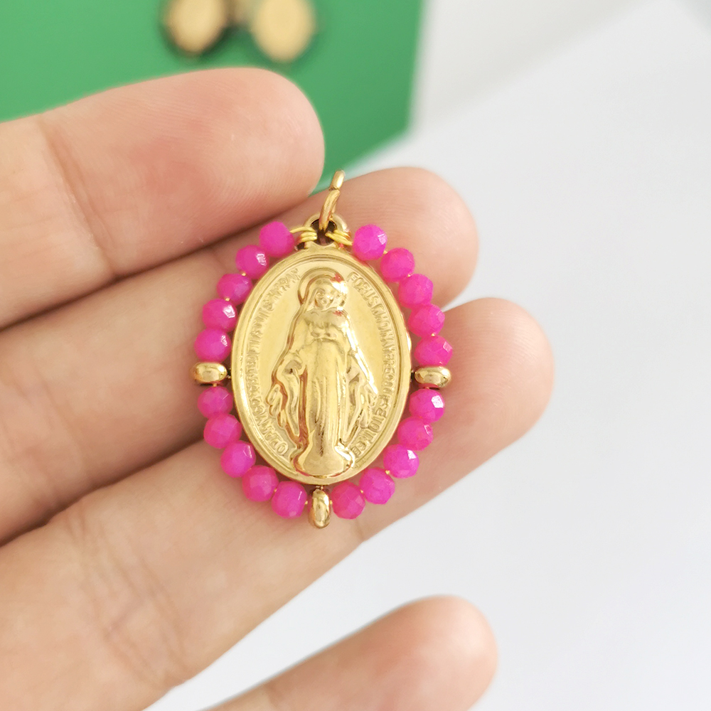QMHJE-collar con colgante de la Virgen María para mujer, gargantilla, cadena de cuentas, Color dorado y plateado, joyería colorida de arcoíris de acero inoxidable: PLATEADO