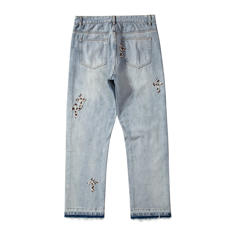 Jean déchiré rétro avec un croix brodée pour hommes, denim décontracté, pantalons délavés, droits, surdimensionnés, jeans, pantalon, haut, rue