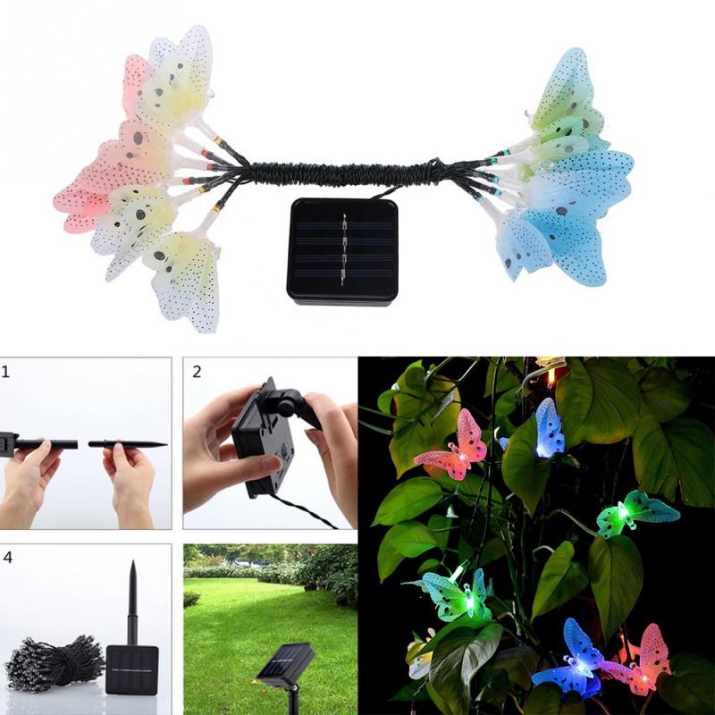 12 led flerfärgad fjäril solslinga ljus fiberoptisk dekorativ utomhusbelysning för trädgård uteplats gräsmatta fest jul