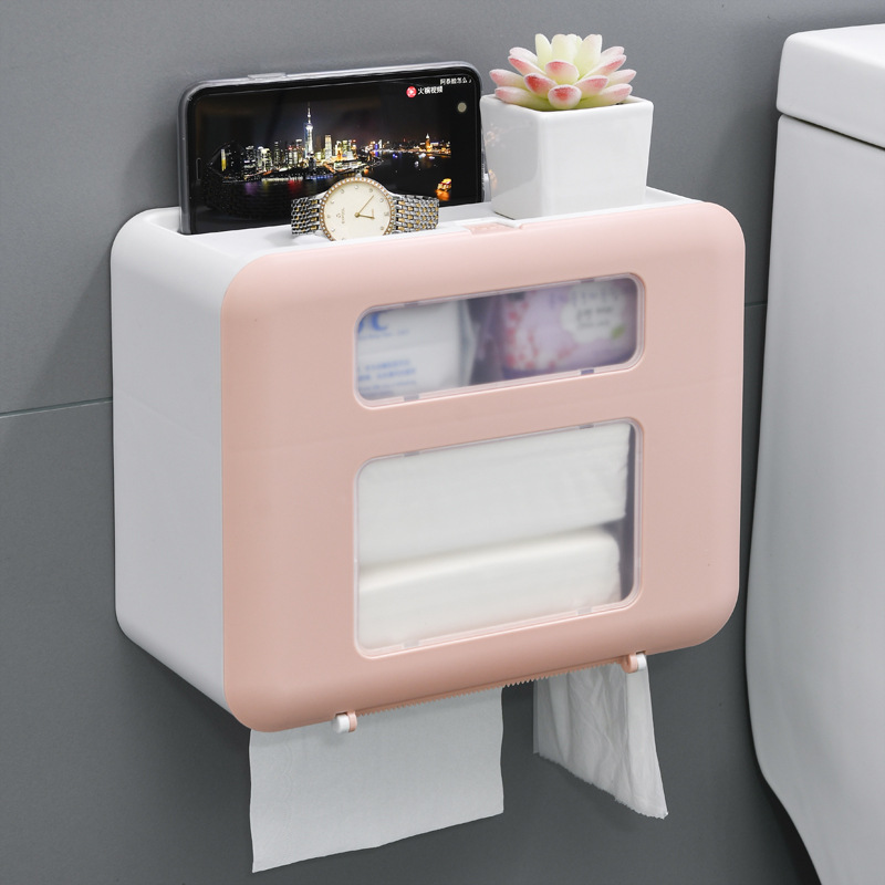 4 Color Double Layer Toilet Paper Holder Toilet Tissue Box Wall Mount Multifunction Waterproof Bathroom Storag Durable Home: Pink