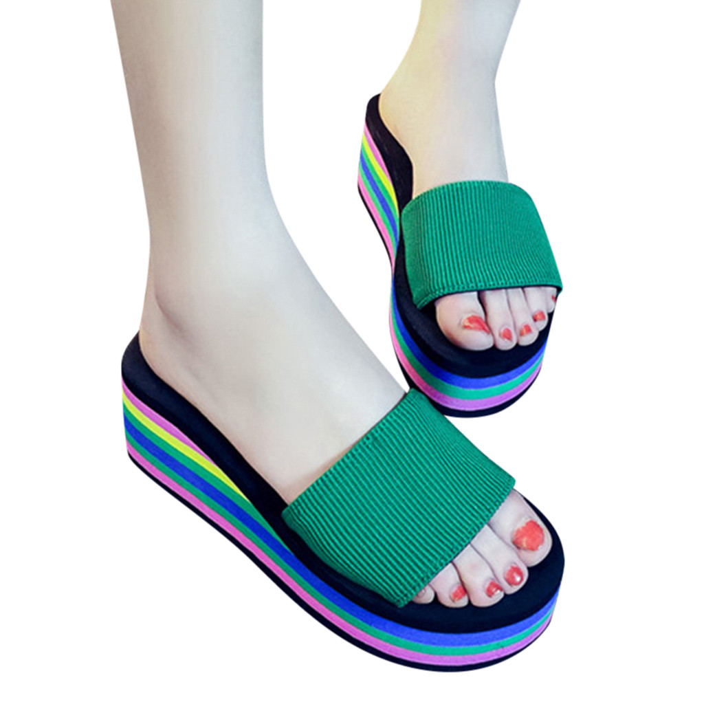 Summer Women Shoes Wedge Waterproof Bath Slippers Wedge Beach Flip Flops Slippers Shoes Round Toe slipper shoe #373: Green / 39