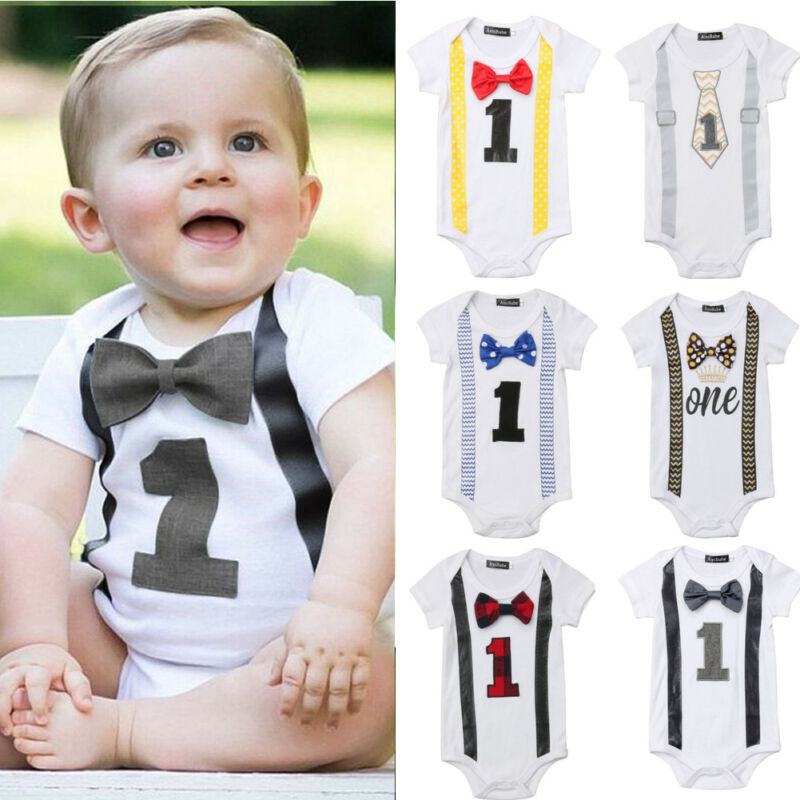 Baby Boy My First 1st Birthday Party Gentleman Bow Romper Jumpsuit Outfits