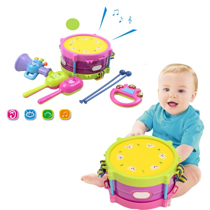Senrhy pædagogisk legetøjssæt til babyrulle tromle musikinstrumenter kit børn tamburin håndklokke musik trommer til baby
