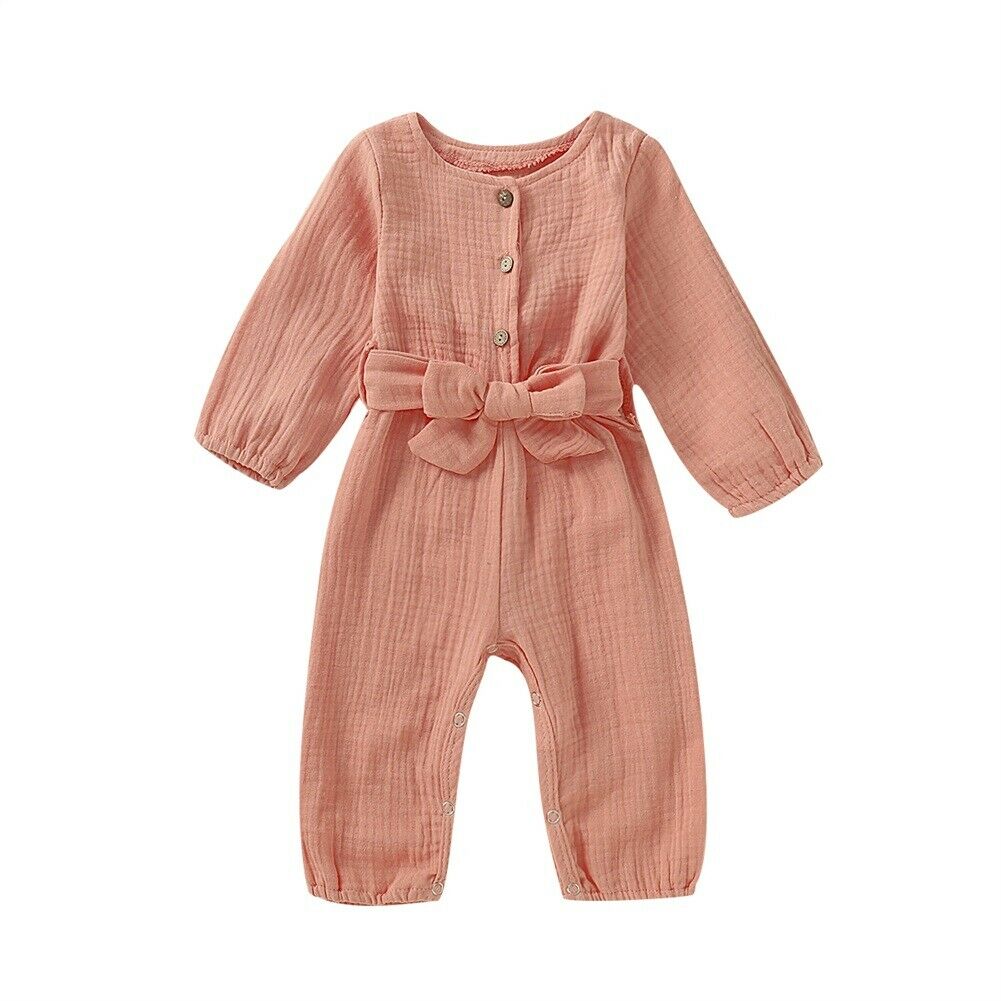 Vêtements printemps-automne pour enfants | Col rond, solide, combinaison barboteuse, vêtements à manches longues, tenues 0-24M: Rose / 18M