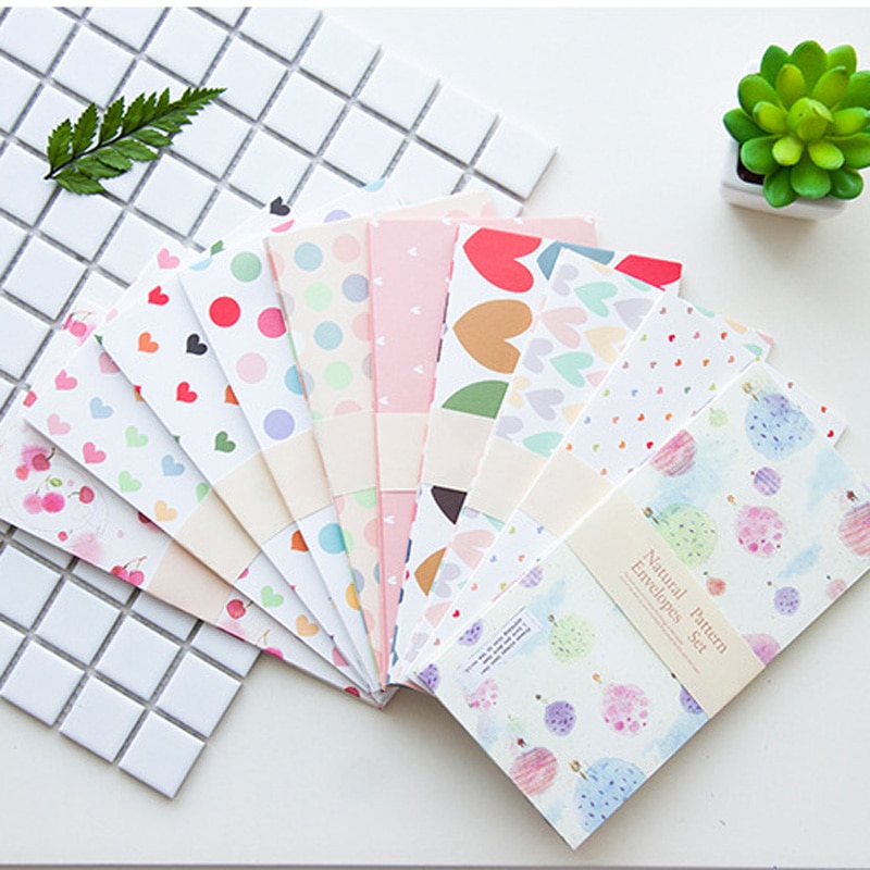 50pcs Craft DIY Envelope Dots Heart Flower Paper Envelope for Card Letter Paper 10 Patterns mix 18x9cm
