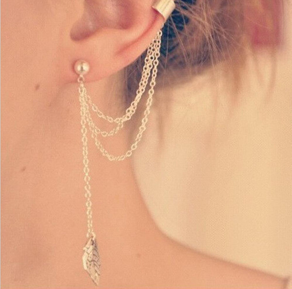 Pendientes con cadena Punk para mujer, Clip de oreja, borla larga, cono puntiagudo, sin agujero para la oreja, E7149: PLATEADO